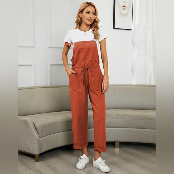 Womens Bib Overalls Adjustable Strap Drawstring Cotton Linen Jumpsuits - Picture 3 of 7